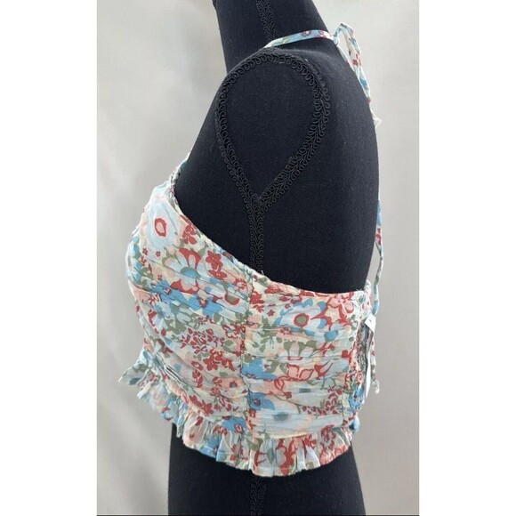 AMERICAN EAGLE Cropped Floral Cinch‎ Front Smocked Back Ruffle Halter XS NWT - Picture 2 of 10